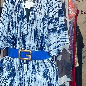 Blue and White Patterned Dress with Belt
